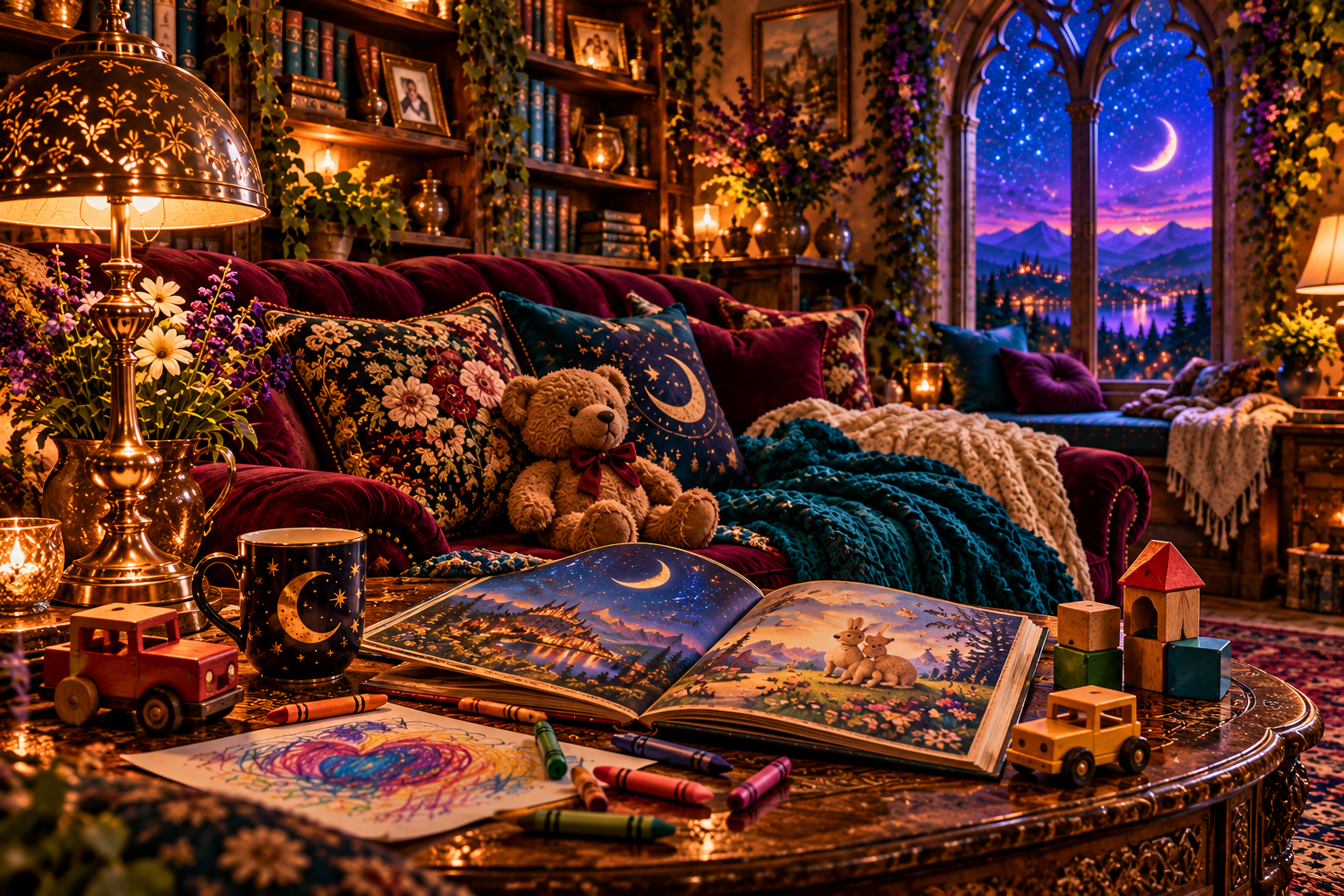 An open picture book, crayons, and wooden toys on an ornate table in a jewel-toned family storyroom.