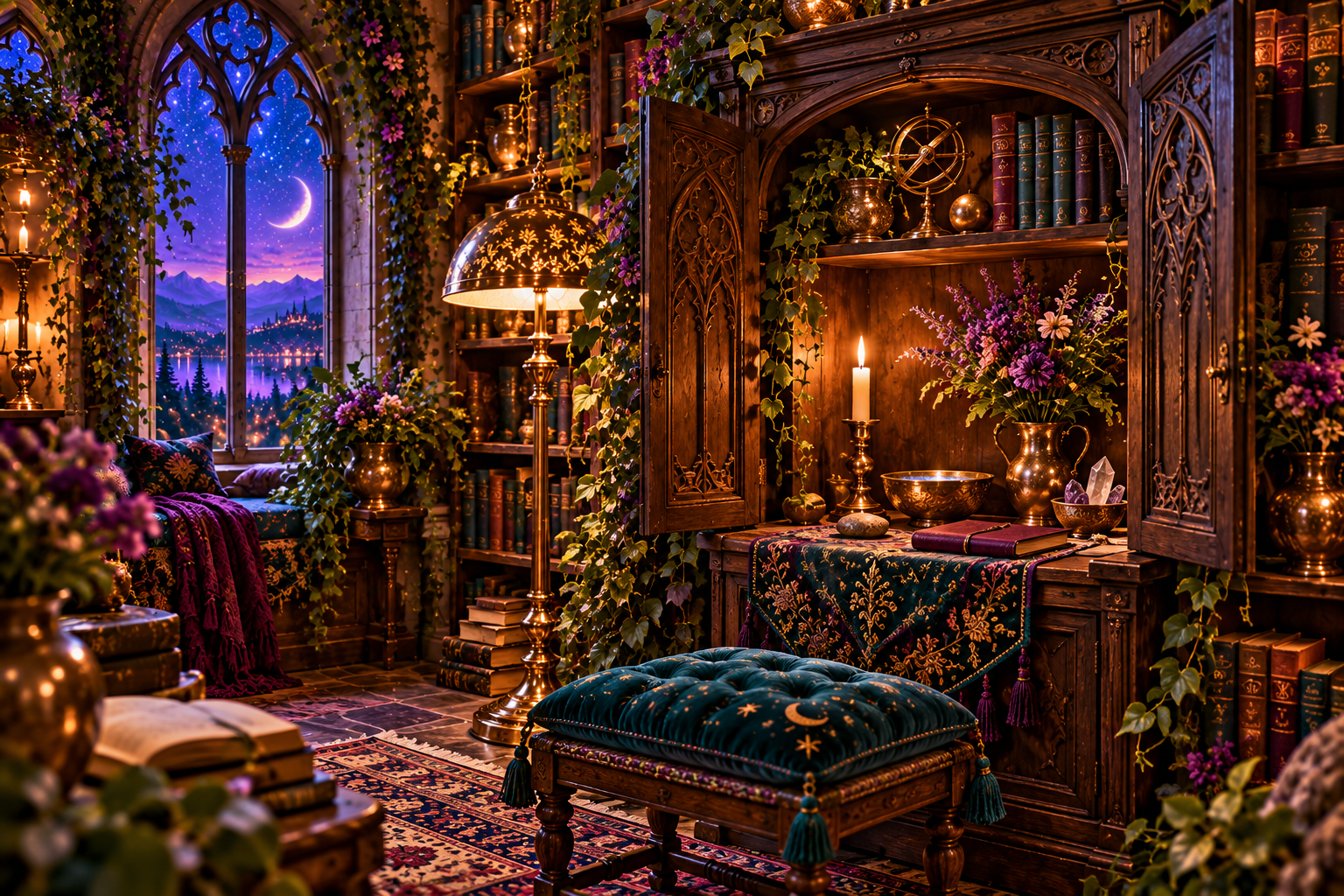 A carved wooden altar cabinet with a candle, bowl, notebook, and flowers beside a teal cushion and star-filled window.