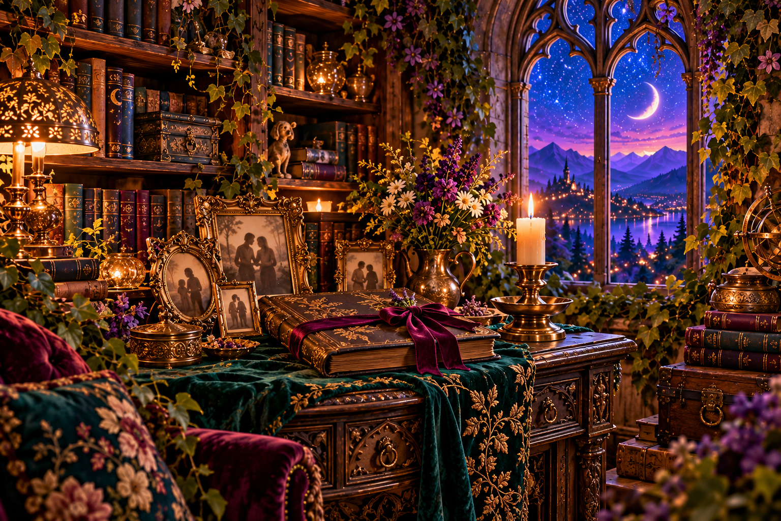 Gold-framed family keepsakes and a ribbon-tied album on a candlelit console beneath a starry Gothic window.