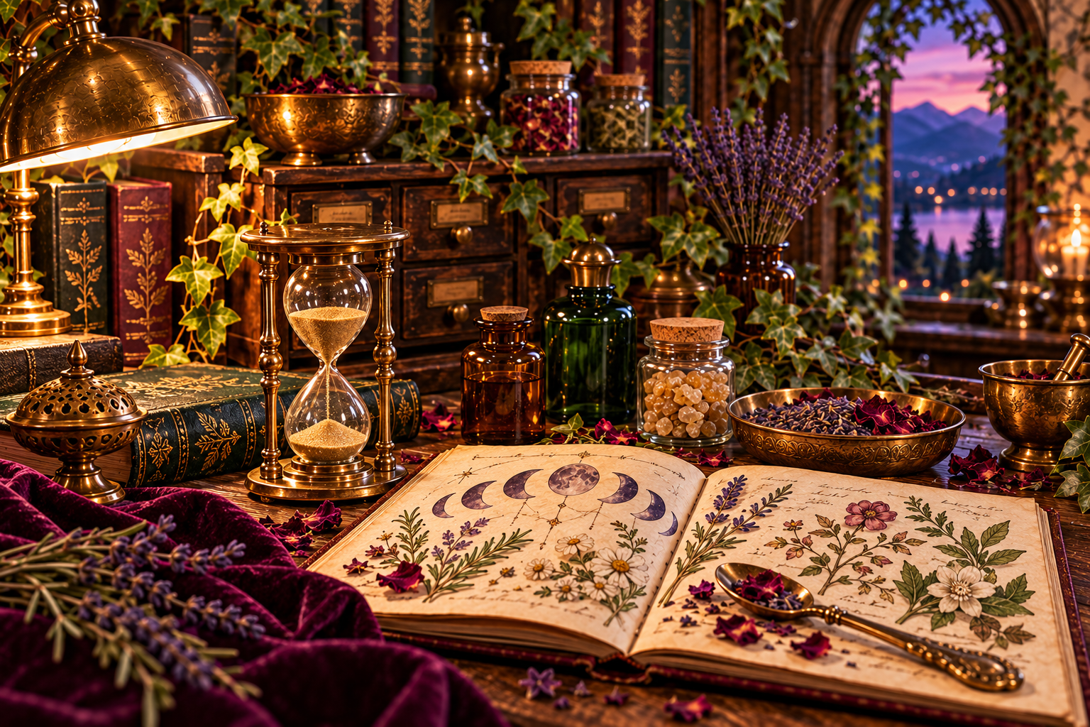 Brass bowls of aromatic resins, amber bottles, and dried botanicals beside a lunar chart and pocket watch.