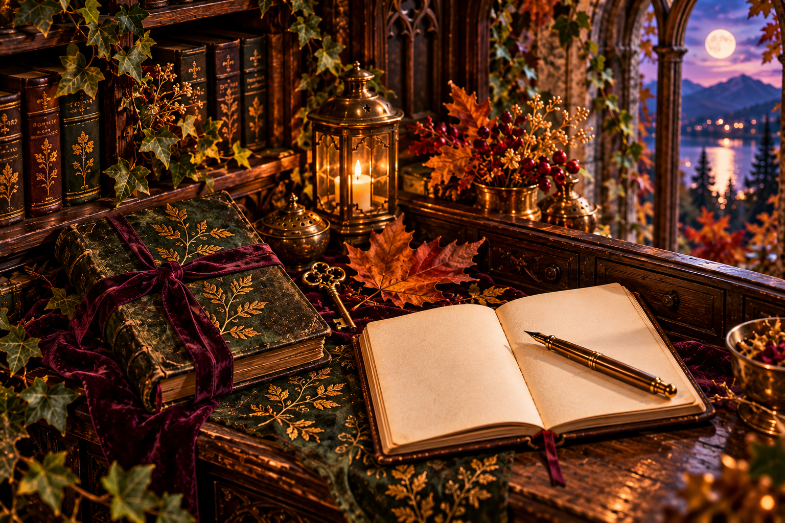 An old ribbon-tied journal beside a fresh open notebook, a brass key, and a glowing candle at dusk.