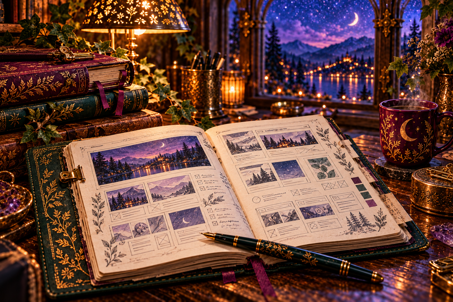A plum leather project journal filled with workspace photographs, page layouts, and progress notes.