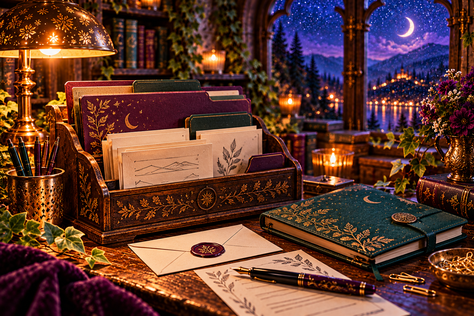 A calendar and planner beside project folders and jewel-tone packaging samples in a warm study.