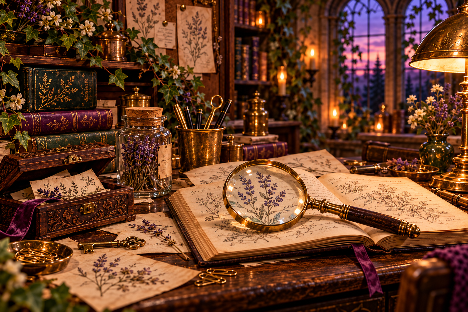 A brass magnifying glass over botanical engravings beside a celestial chart, old books, and research notes.