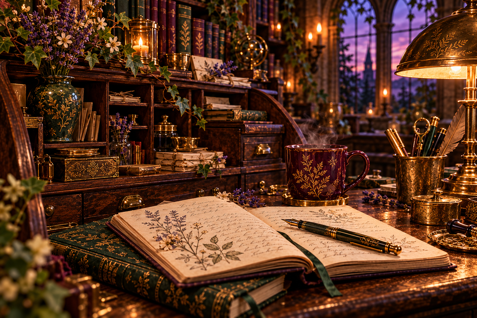 An open notebook with botanical observations, pressed leaves, lavender, and coffee on an apothecary desk.