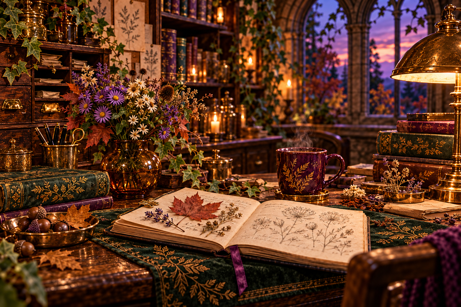 An autumn field journal beside gathered leaves, acorns, and tea at a garden window.