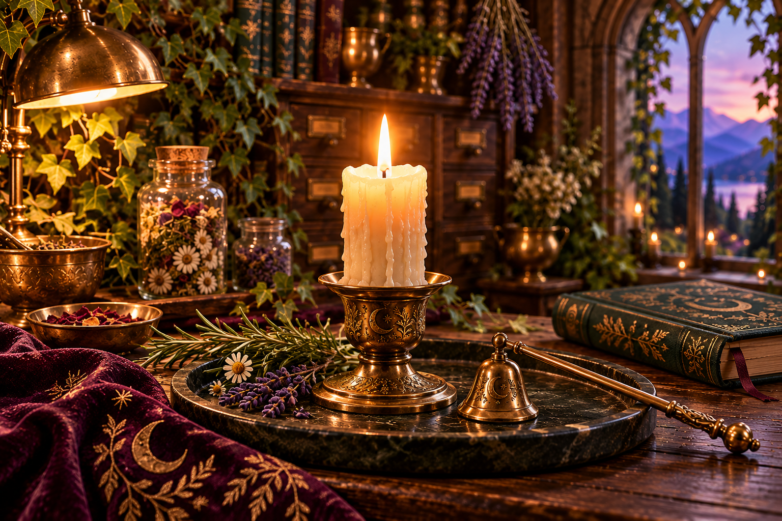 A cream candle in a brass holder on a clear stone tray beside a closed working notebook.