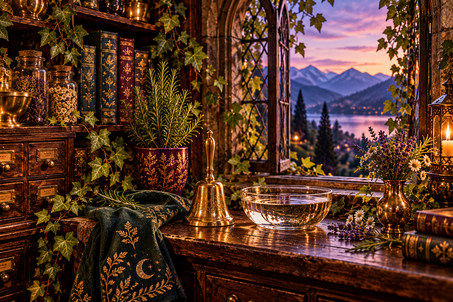 An open sunny window, fresh greenery, a brass bell, and a notebook beside a plum chair.