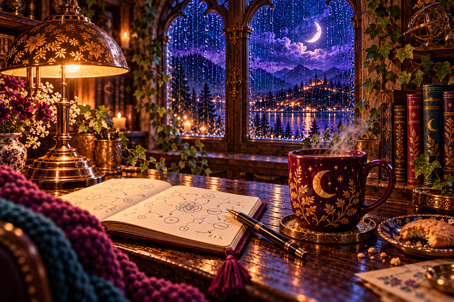 A steaming teal coffee cup beside scribbled diagrams and an open notebook at a midnight desk.