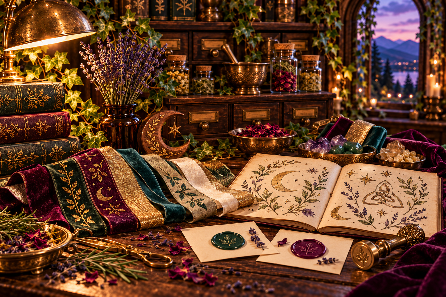 Jewel-tone ribbons and unlit candles beside a parchment notebook of celestial and botanical symbols.