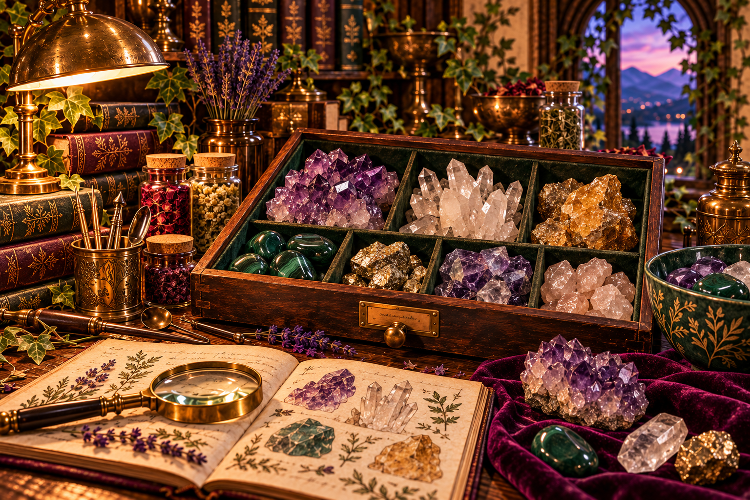 Amethyst, quartz, rose quartz, and green fluorite on a wooden tray beside mineral sketches.