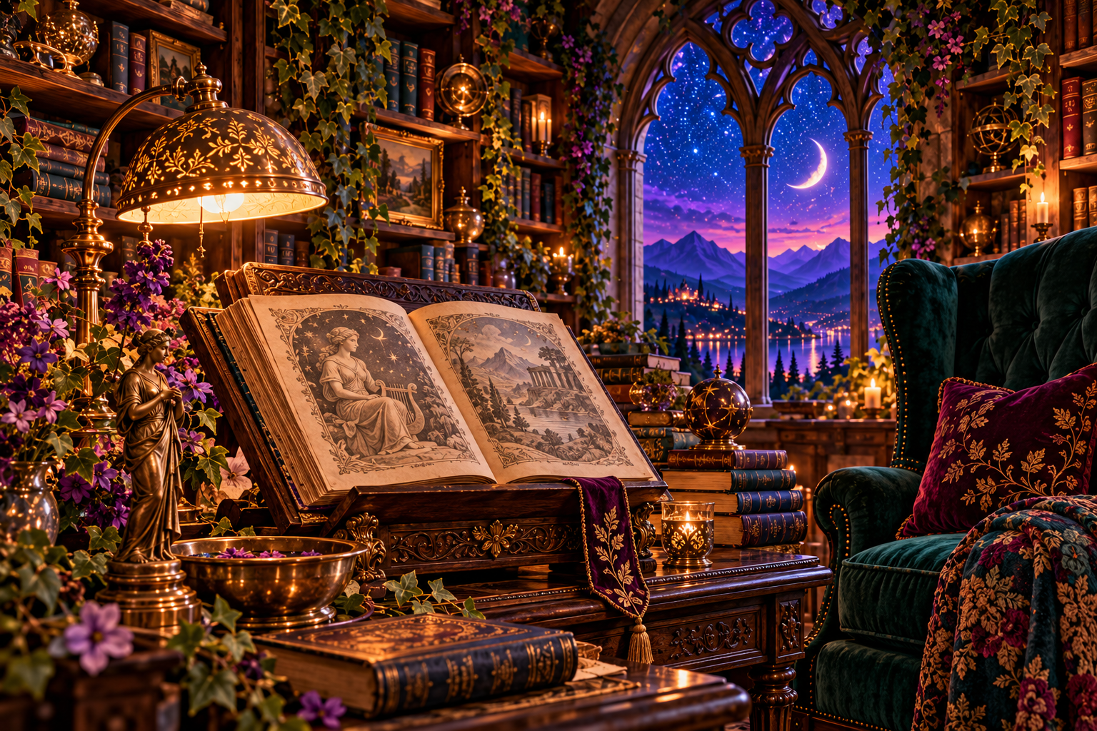 An illustrated mythology book on a carved stand beside a bronze figure and brass bowl in an ornate celestial study.