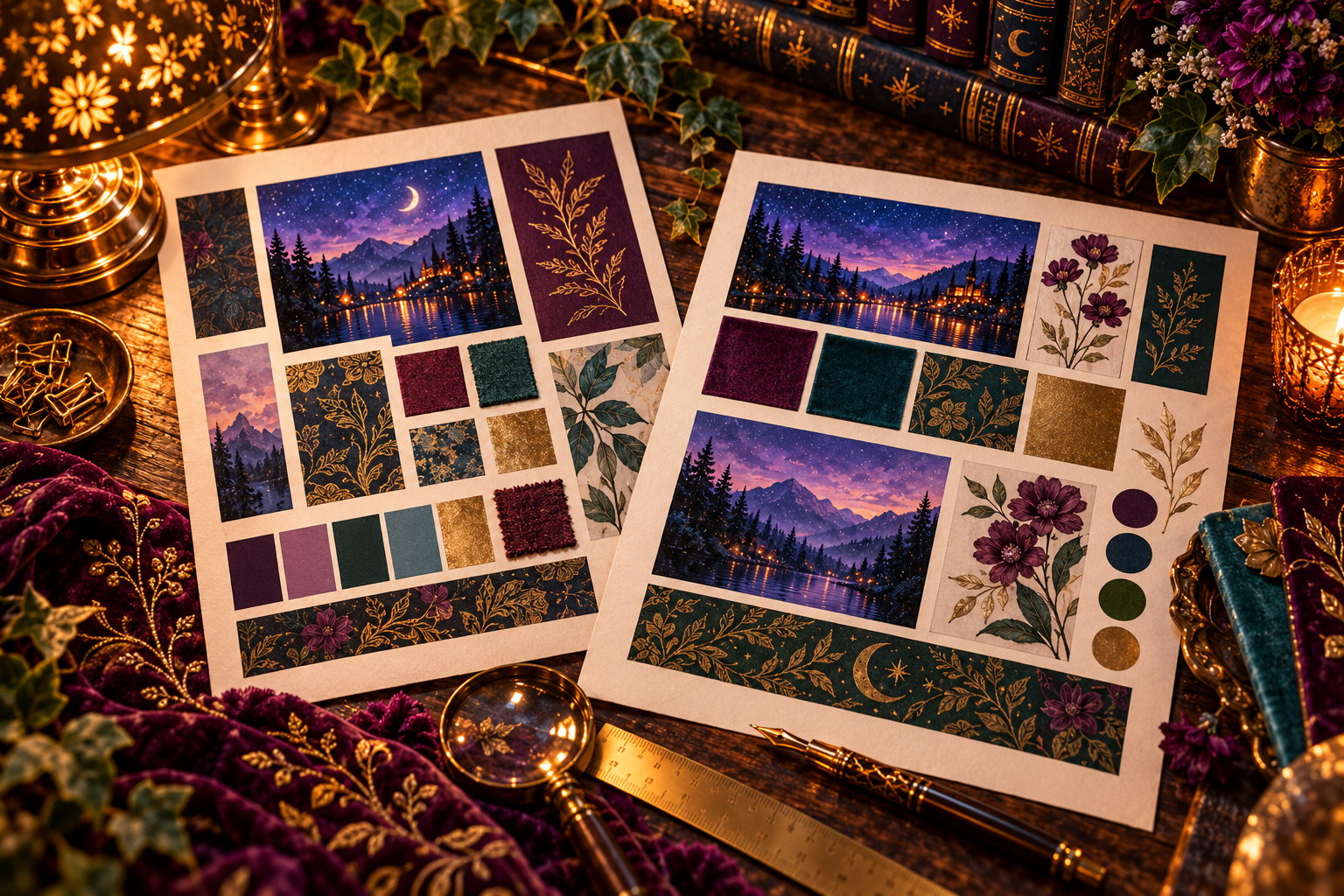 Two website layout proofs beside jewel-tone color samples, velvet, and a brass magnifying glass.