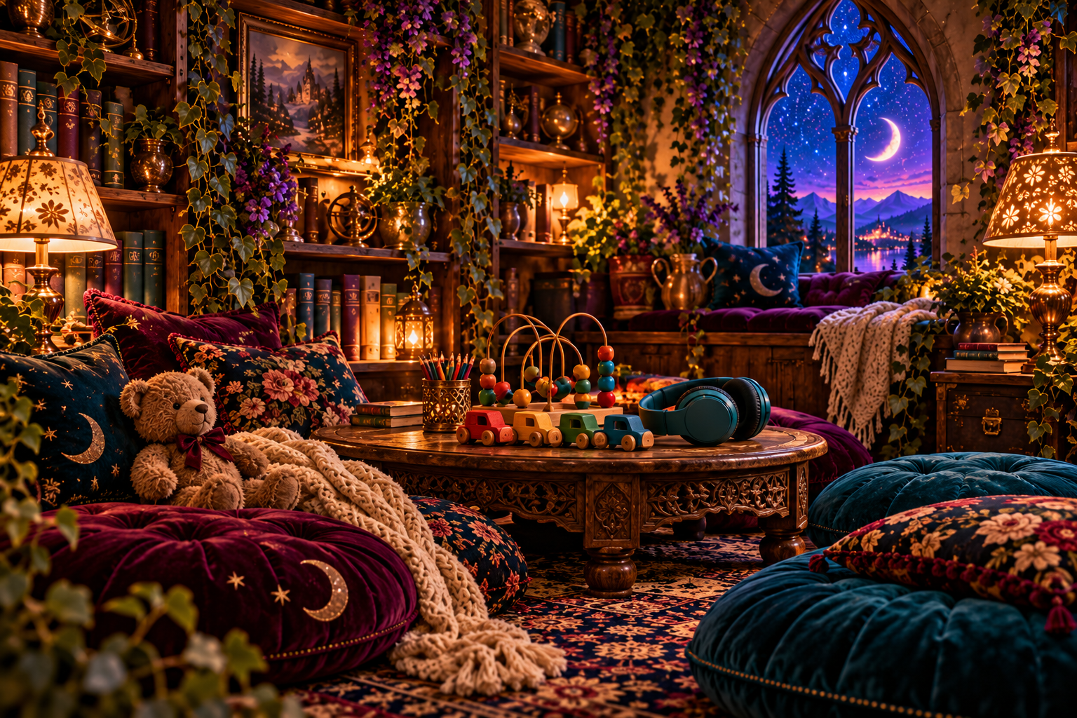 Wooden toy cars, a bead maze, and teal ear defenders in a comfortable jewel-toned play nook.