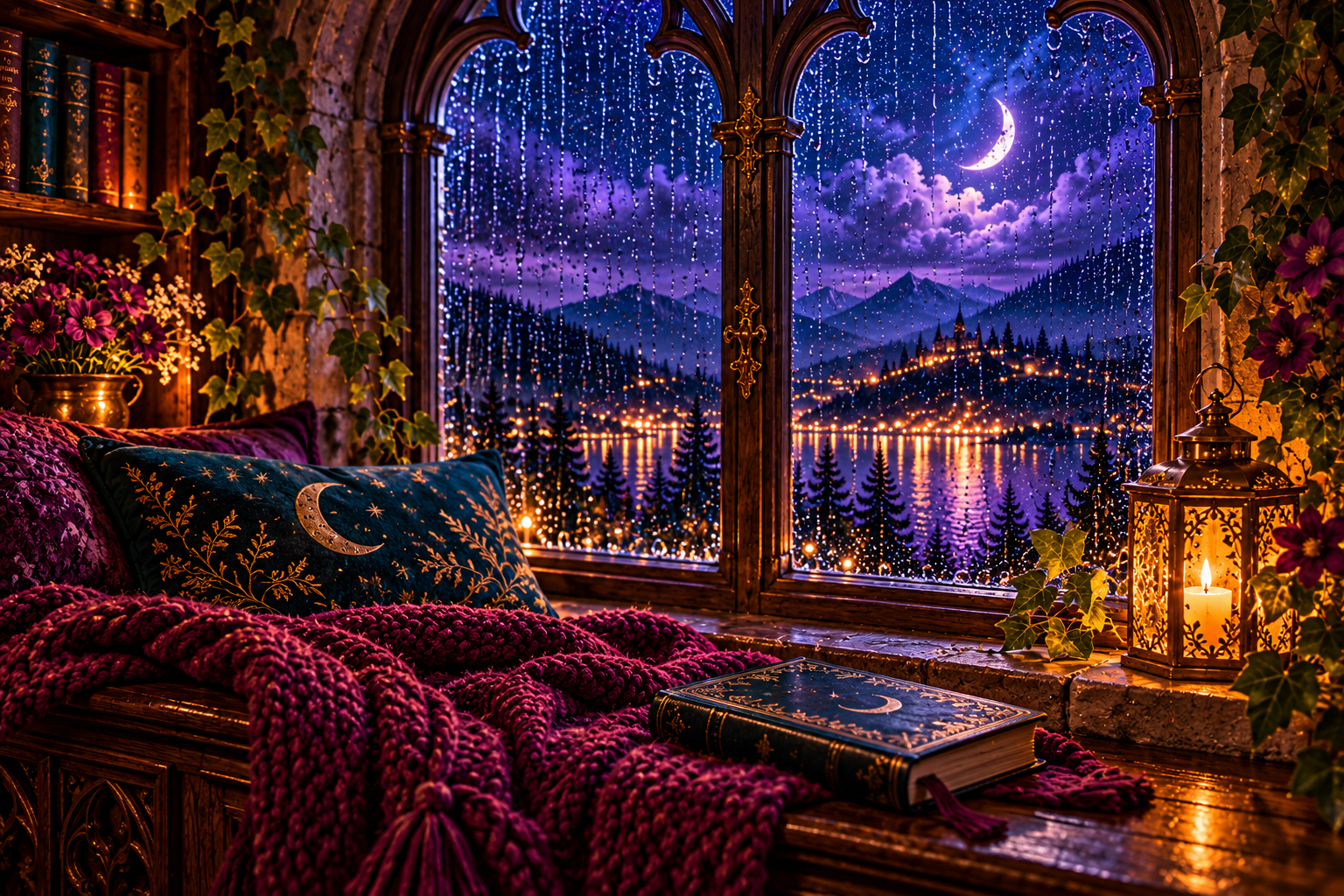 Rain on a nighttime window above a journal, plum blanket, and teal mug.