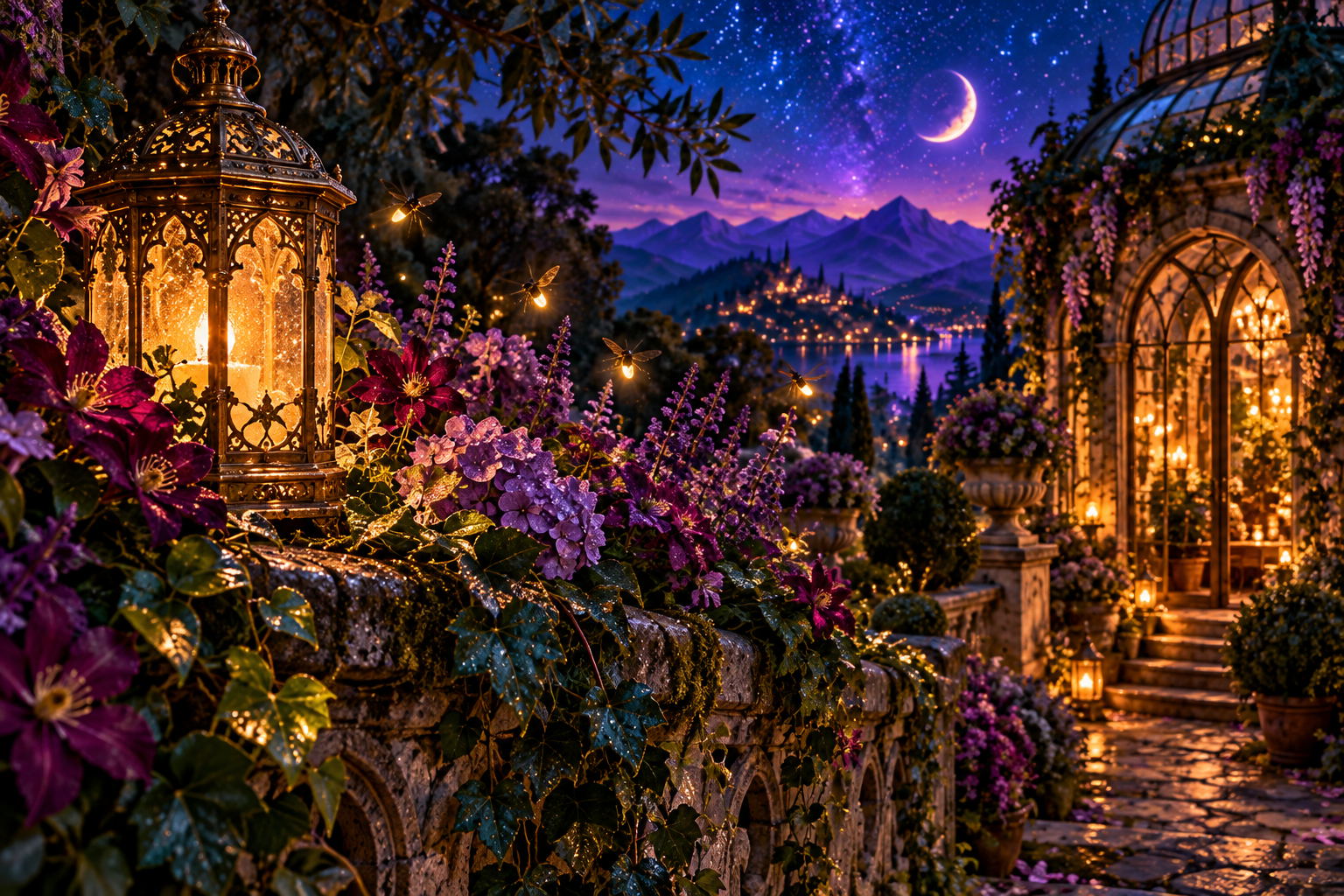 Golden fireflies above purple flowers beside a lantern on a garden wall under a celestial night sky.