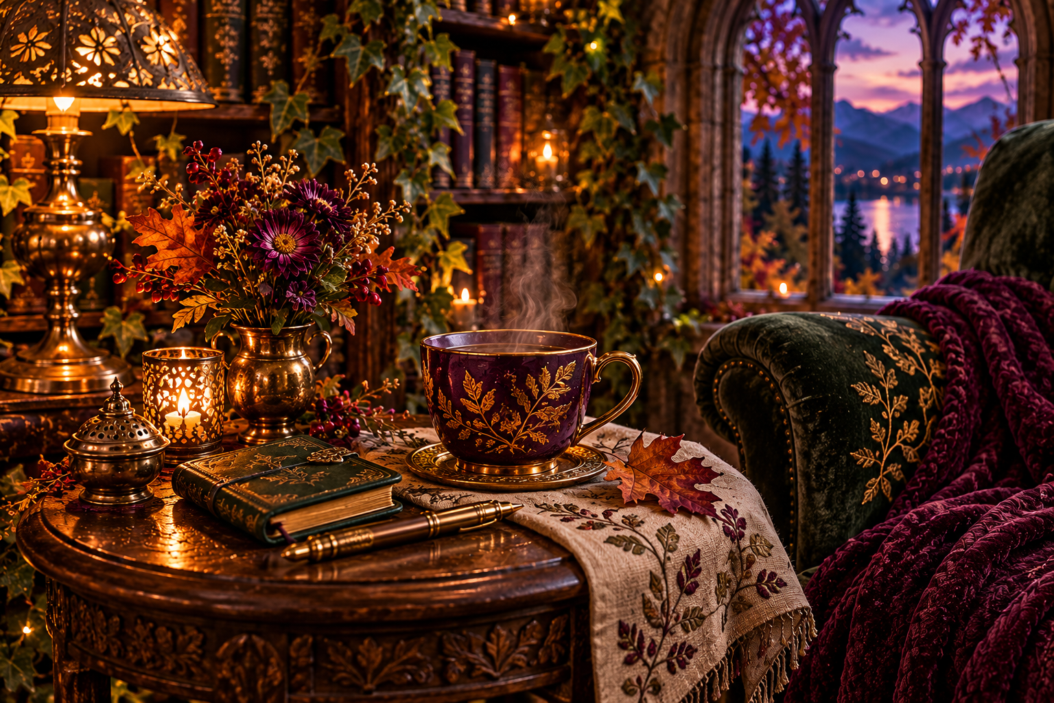 A steaming green mug, a small open journal, and fresh flowers on a wooden table in morning light.