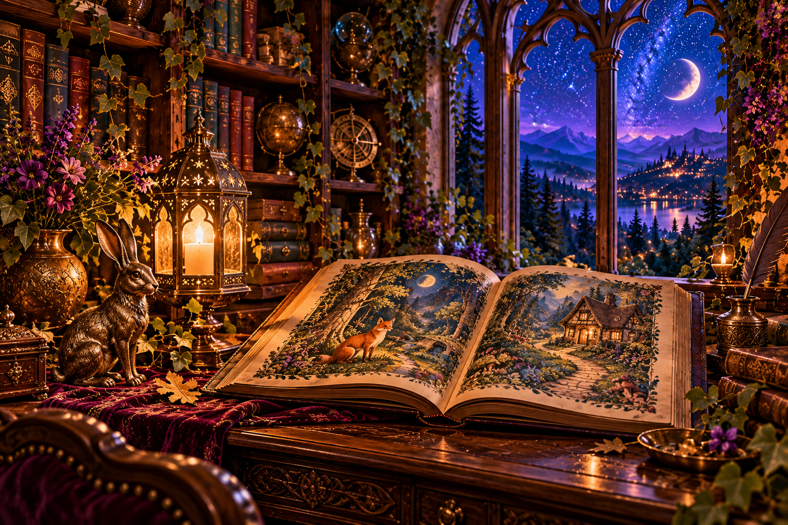 An illustrated woodland storybook and bronze hare on an ornate library desk beneath a starry Gothic window.