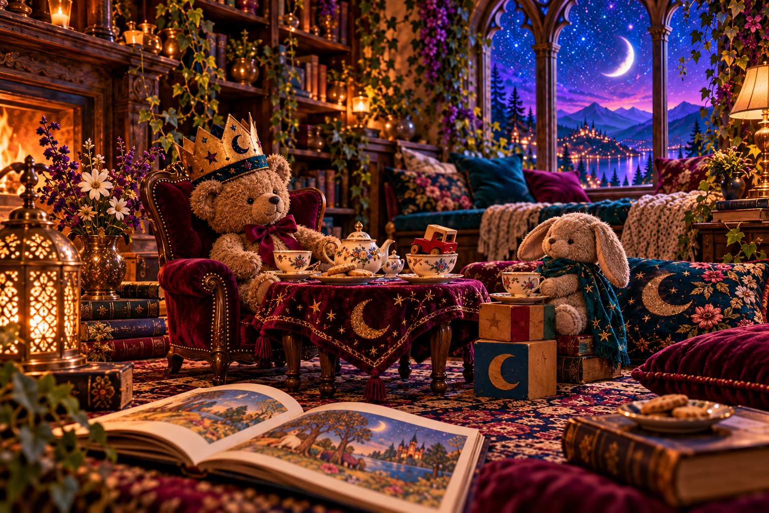 A crowned teddy bear and stuffed rabbit hosting a pretend tea party with a toy truck in a teacup.