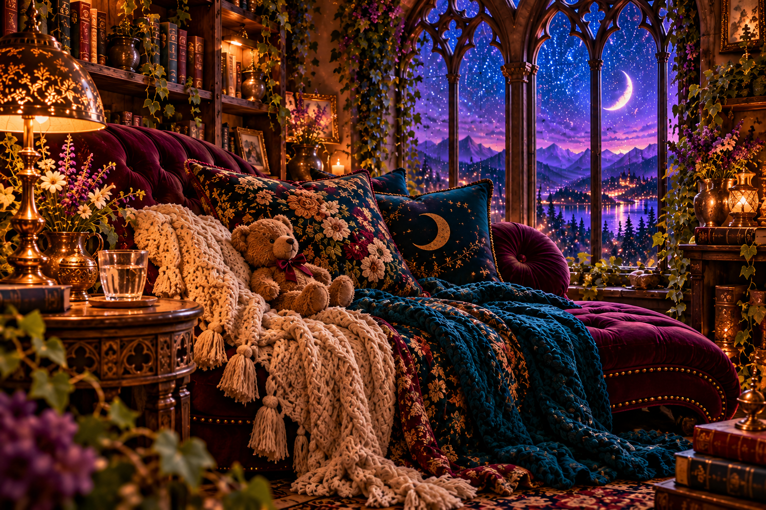 A teddy bear nestled among cream and teal blankets on a burgundy chaise beneath a starry window.