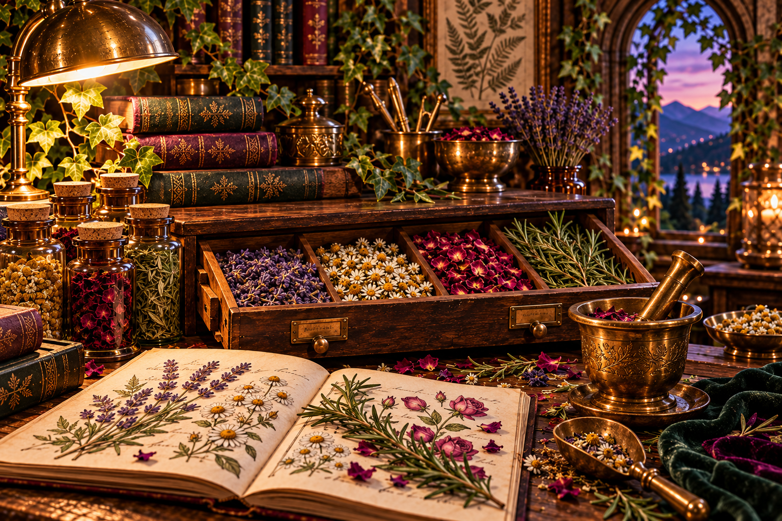 Amber jars of dried herbs beside fresh rosemary, lavender, and an illustrated botanical journal.