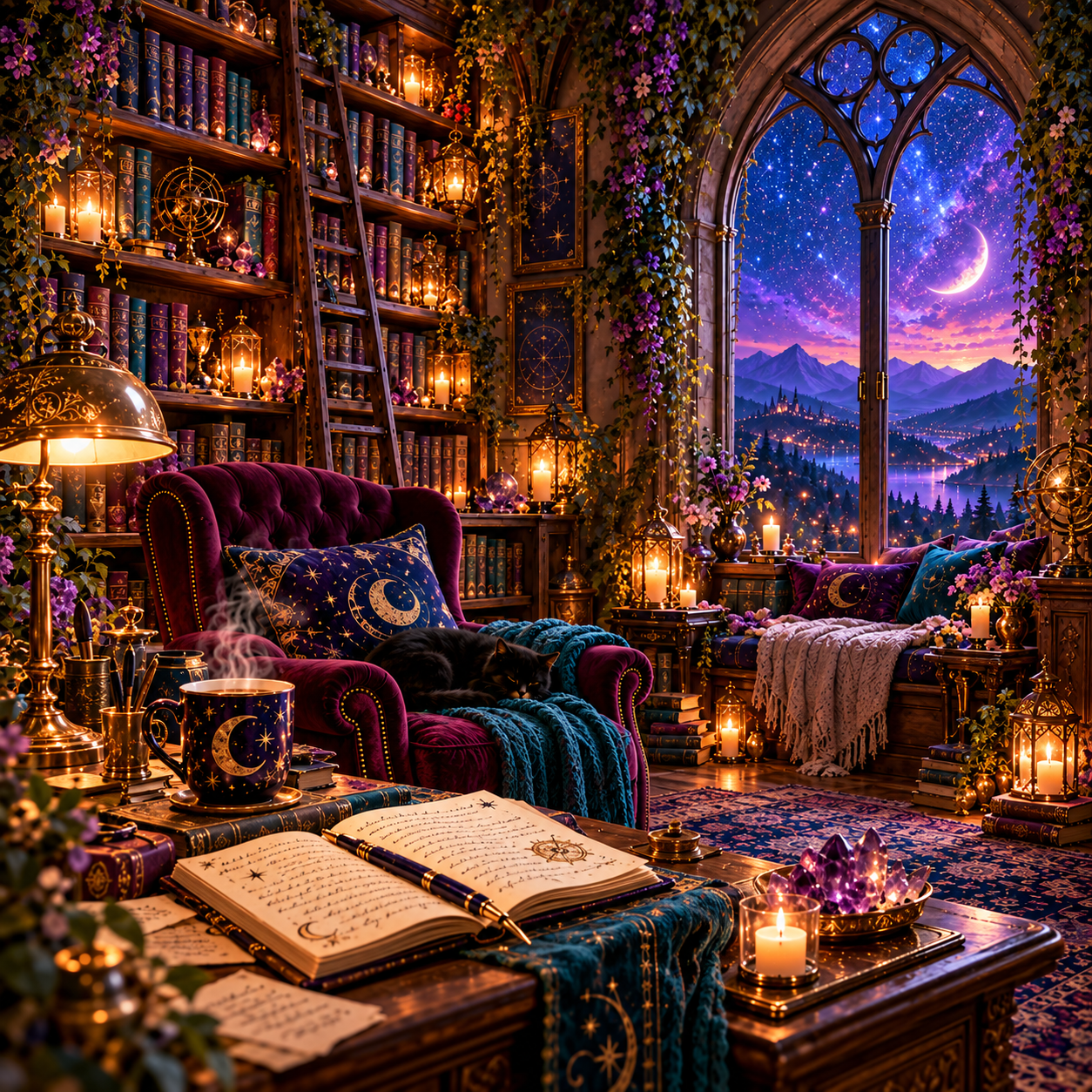 Illustrative artwork of the candlelit Starlight and Stories storyroom