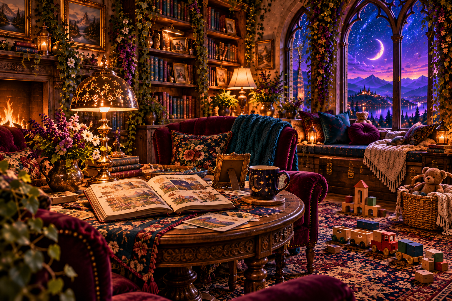 A family scrapbook and wooden toy train in a richly layered storyroom with glowing lamps and a violet night sky.