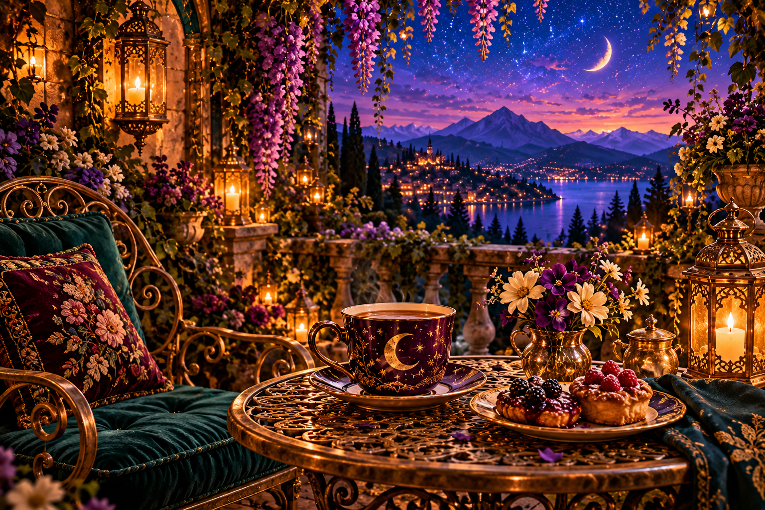Tea and berry pastries on an ornate terrace table beneath wisteria and a star-filled violet sky.