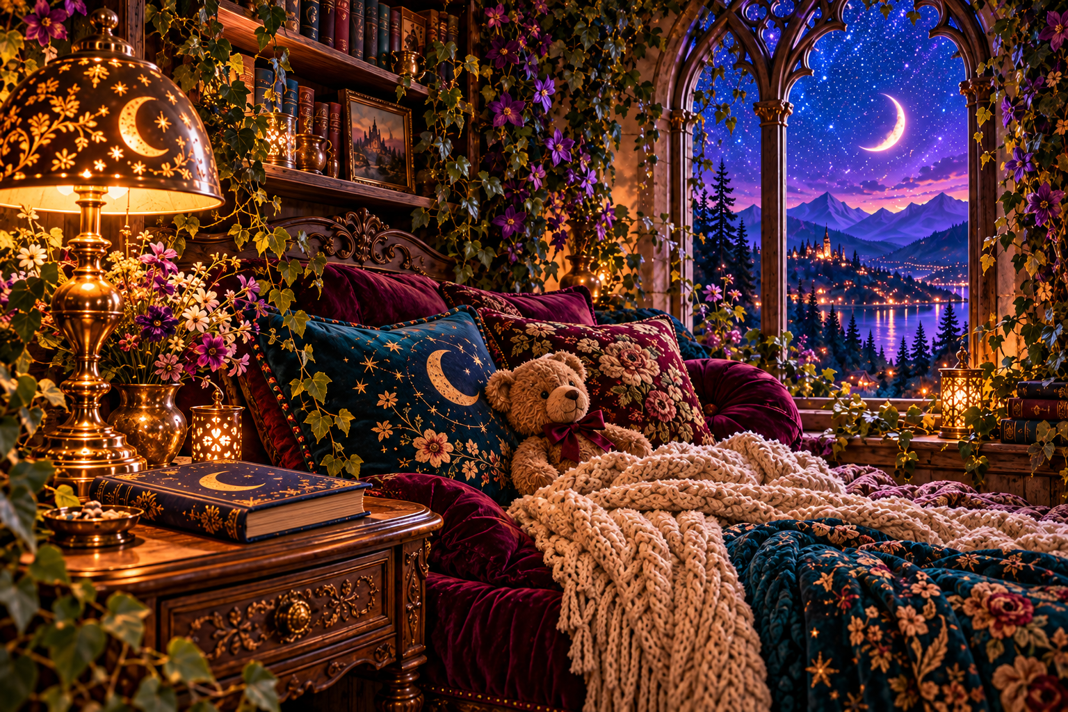 A teddy bear tucked into a blanket beside a celestial book and glowing brass lamp under a star-filled window.