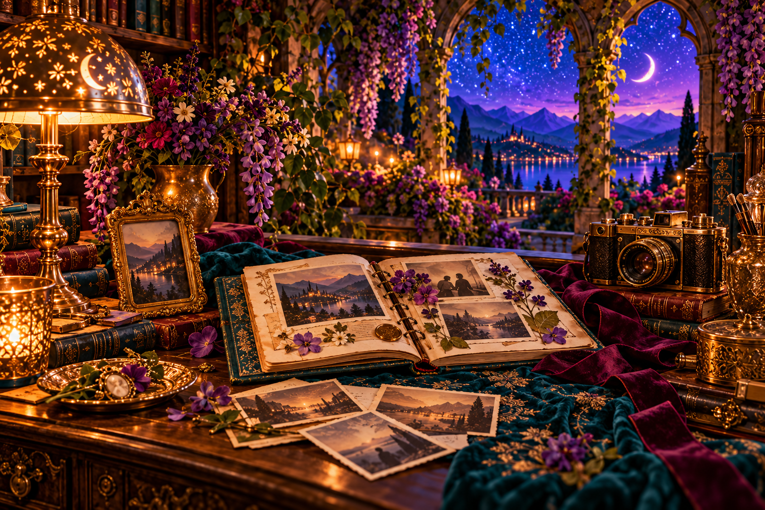 An open scrapbook, old photographs, pressed flowers, and an antique camera beside an enchanted garden window.