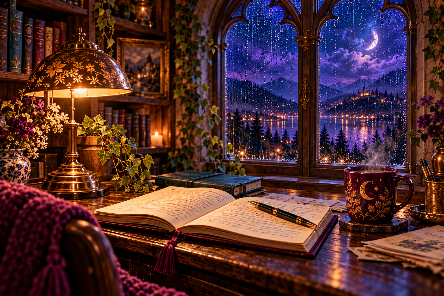 An open journal and steaming coffee beside a rain-speckled window overlooking a moonlit lake.