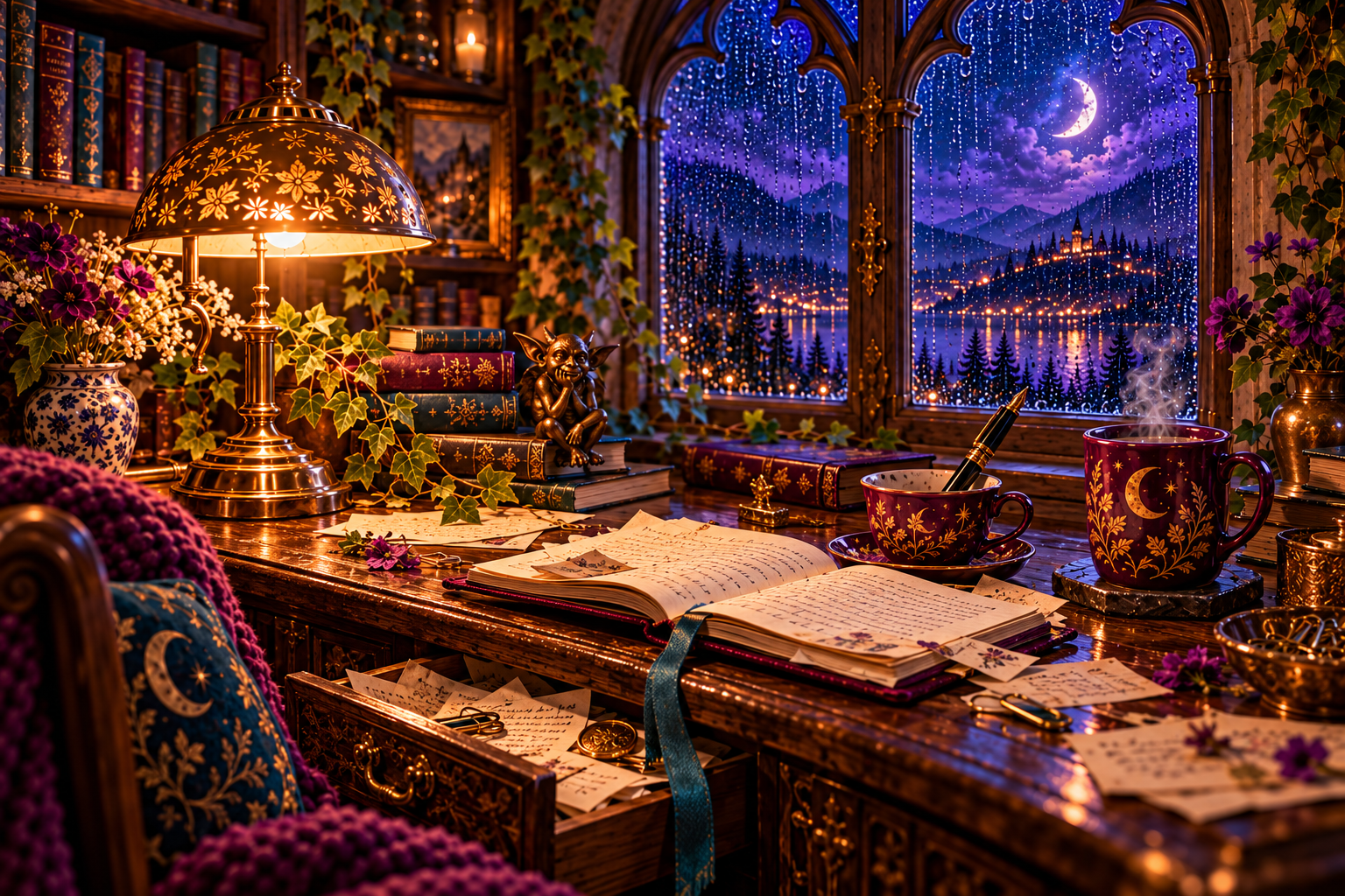 An untidy moonlit writing desk with stacked books, loose notes, an open drawer, and a brass lamp.