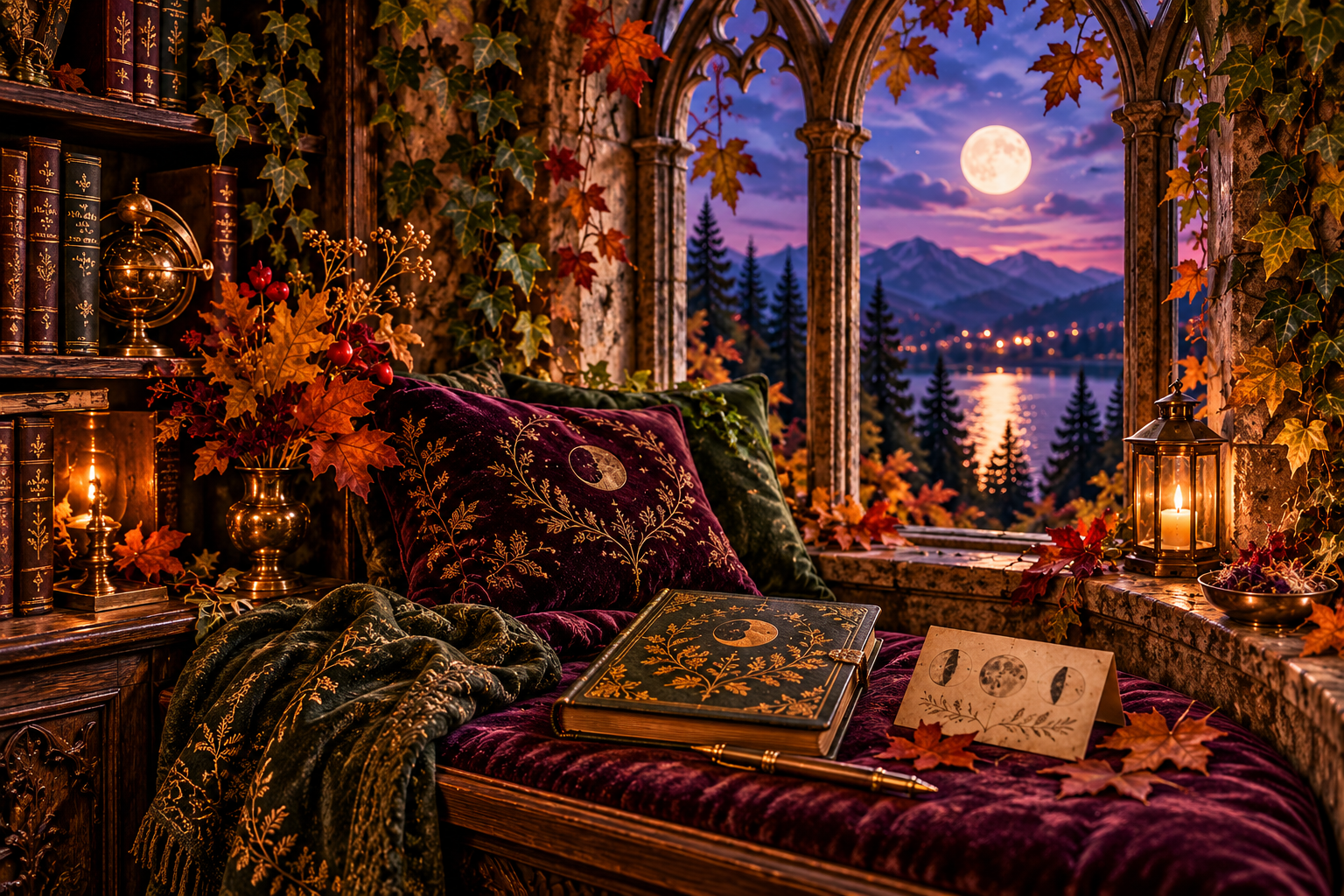 A moonlit window reflected in a brass water bowl beside a candle, pale stones, and a plum journal.