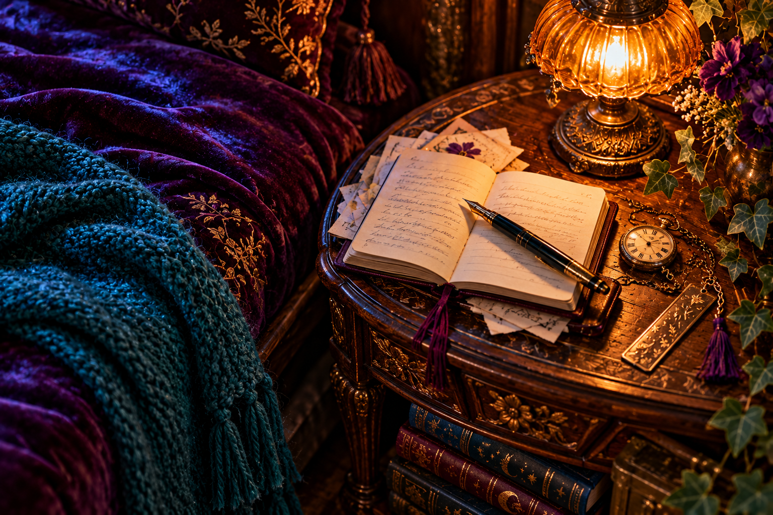 An open journal and coffee beside a brass lamp overlooking a moonlit lake.