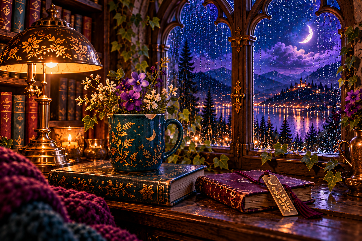 A chipped teal mug holding tiny wildflowers on a wooden windowsill in warm lamplight.