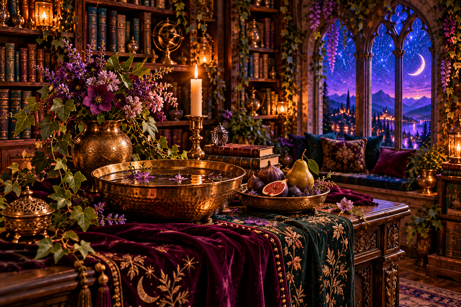 A reflective brass water bowl, figs, a pear, and purple flowers on a richly draped offering table.