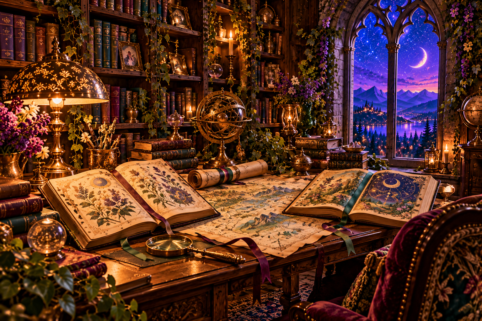 Open illustrated books, ribbon bookmarks, a manuscript scroll, and a brass armillary sphere on a candlelit research desk.