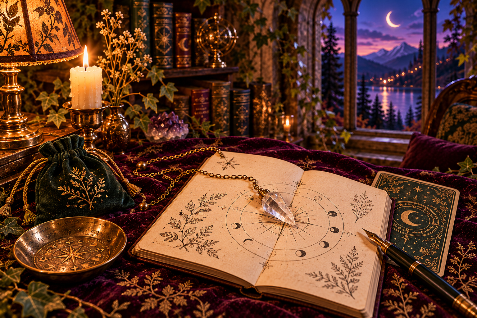 A clear quartz pendulum and gold chain resting on a parchment practice chart beside a notebook.