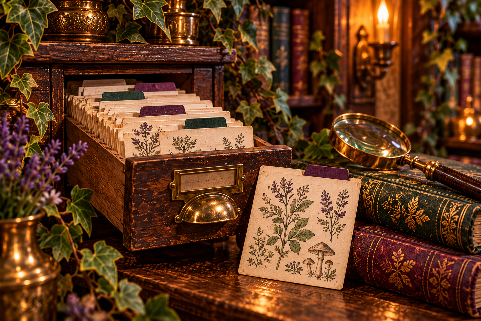 A wooden index card catalog beside an open reference handbook on a candlelit desk.
