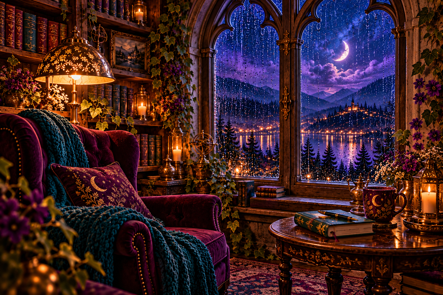 A plum reading chair and teal throw beside a journal and a window overlooking moonlit water.