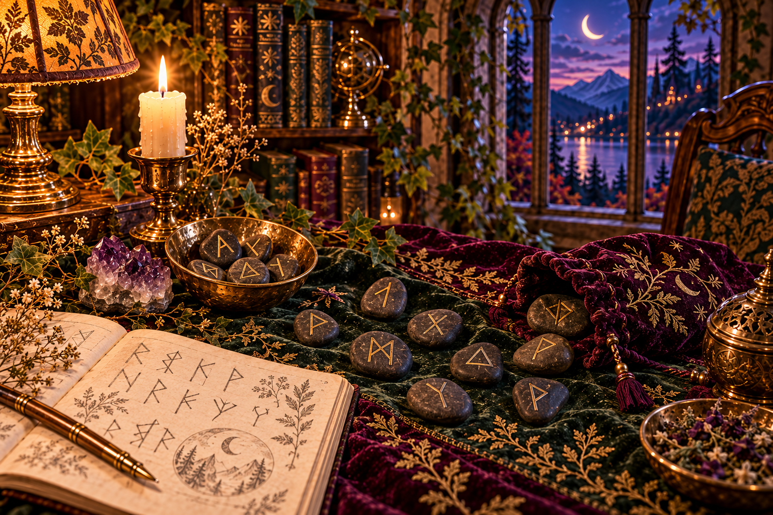 Engraved rune stones on a forest-green cloth beside a linen pouch and a notebook of symbol sketches.