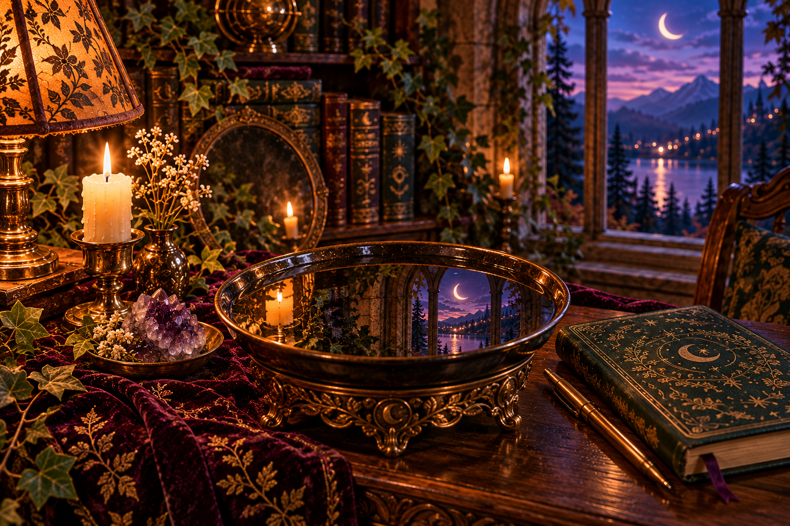 A dark bowl of still water reflecting a twilight window beside an open observation journal.