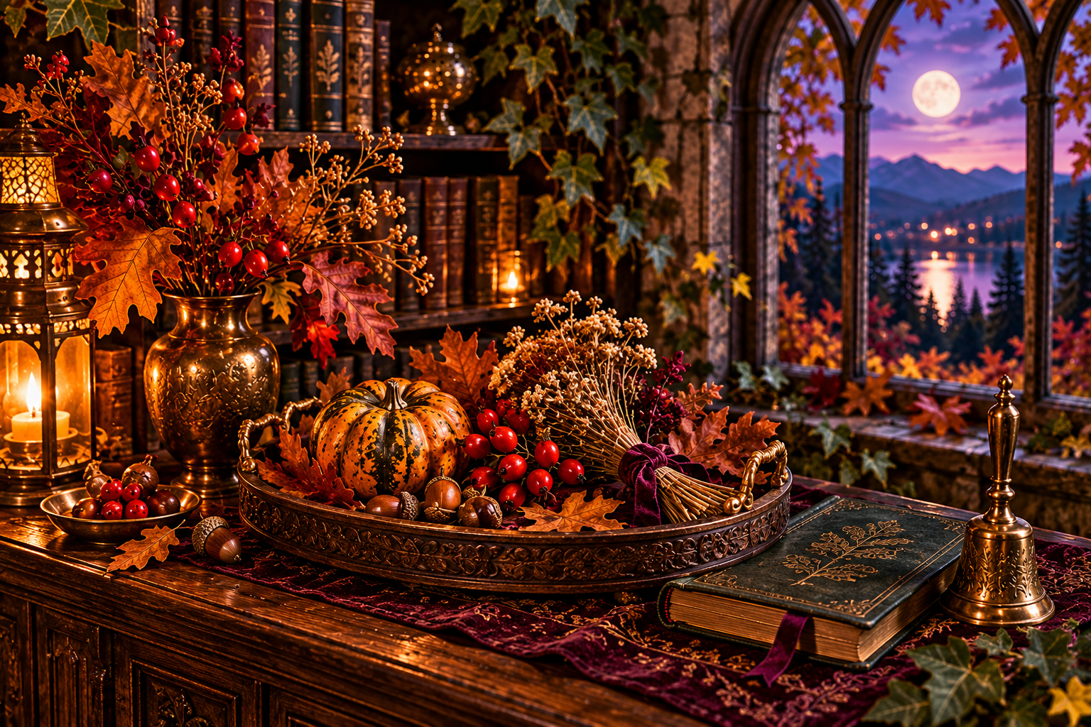 Autumn leaves, acorns, rose hips, and an open field notebook beside a sunlit garden window.