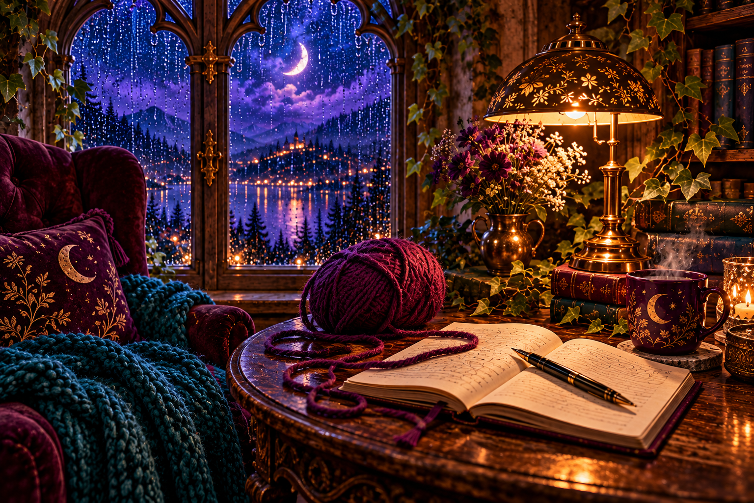 Plum yarn gently unwinding beside handwritten pages, a notebook, and a teal knitted throw.