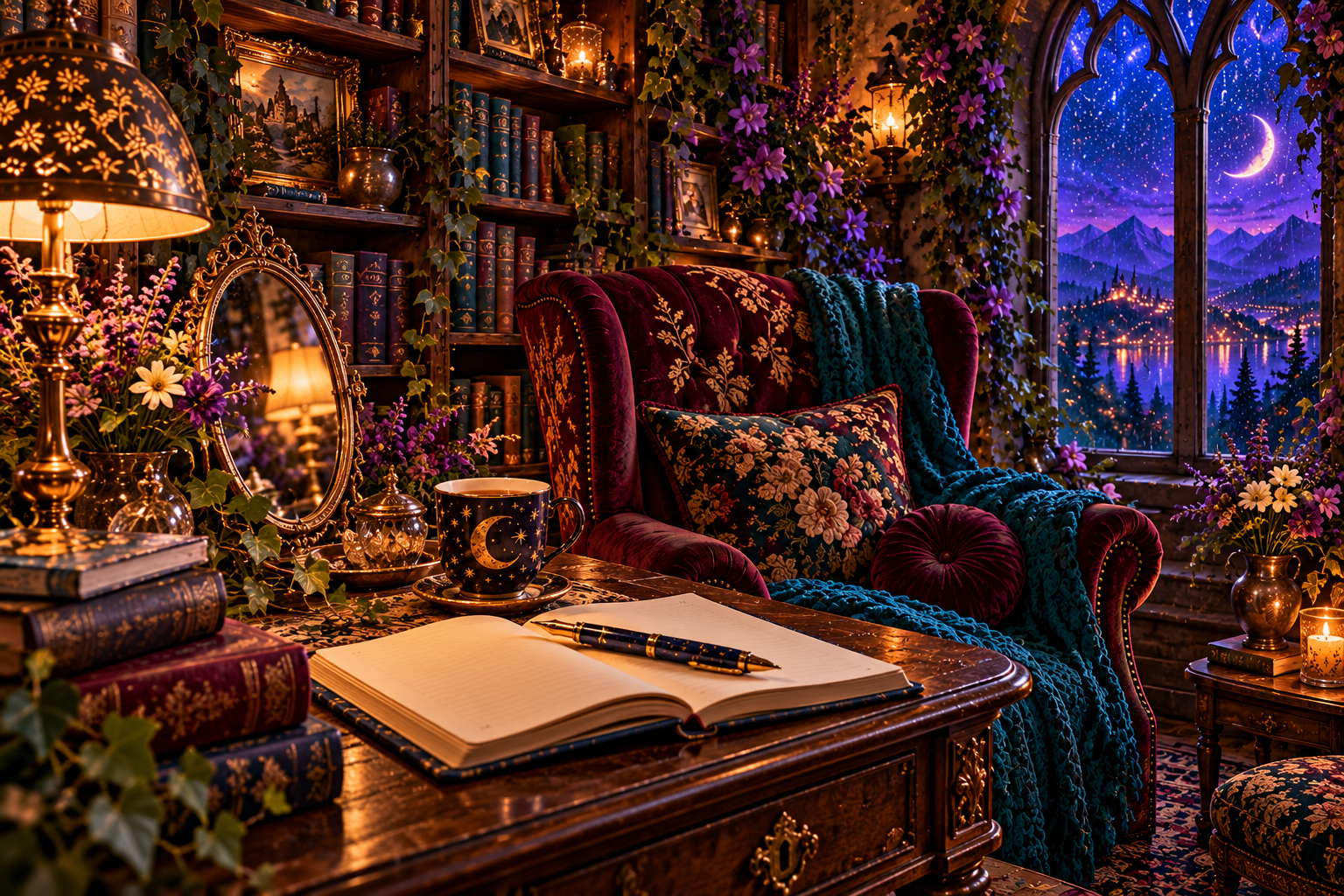 A journal and celestial mug beside a burgundy reading chair, books, flowers, and a star-filled Gothic window.