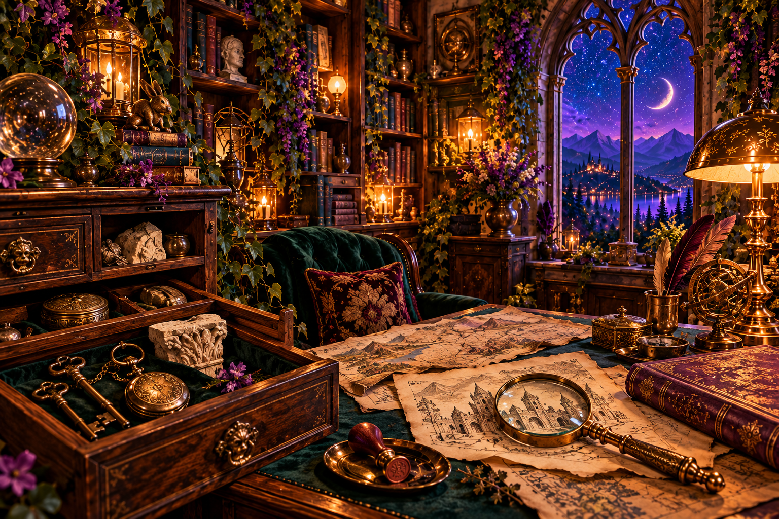 Antique keys, a pocket watch, carved fragments, and old maps arranged in an elaborate library curiosity cabinet.