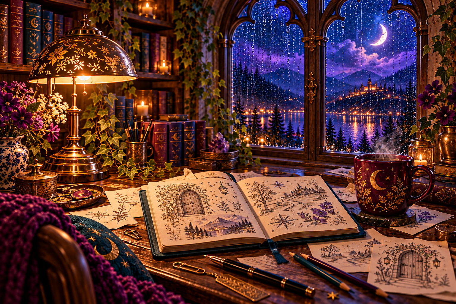 An open idea notebook with scattered sketches, loose notes, and a pencil under warm lamplight.