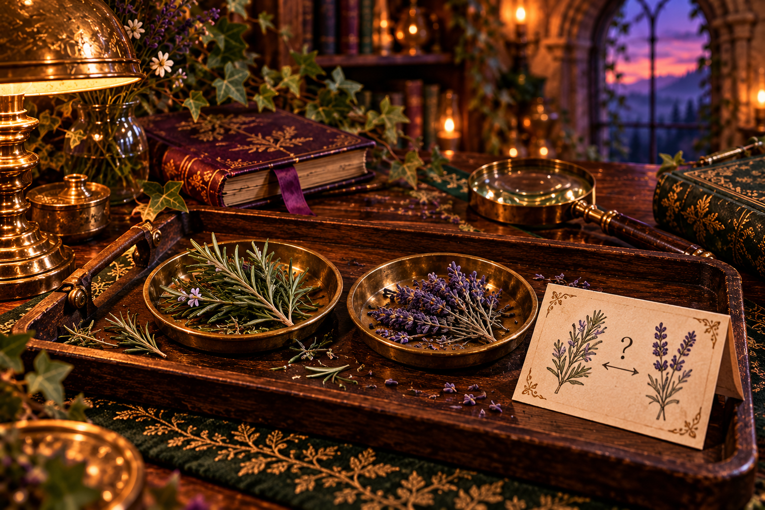 Botanical specimens in two dishes beside comparison notes and a brass magnifying glass.