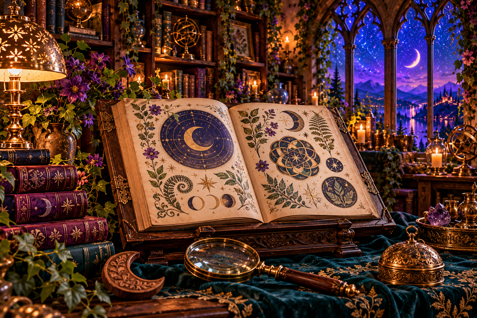 An illustrated book of celestial and botanical motifs beside a brass magnifying glass in a jewel-toned study.