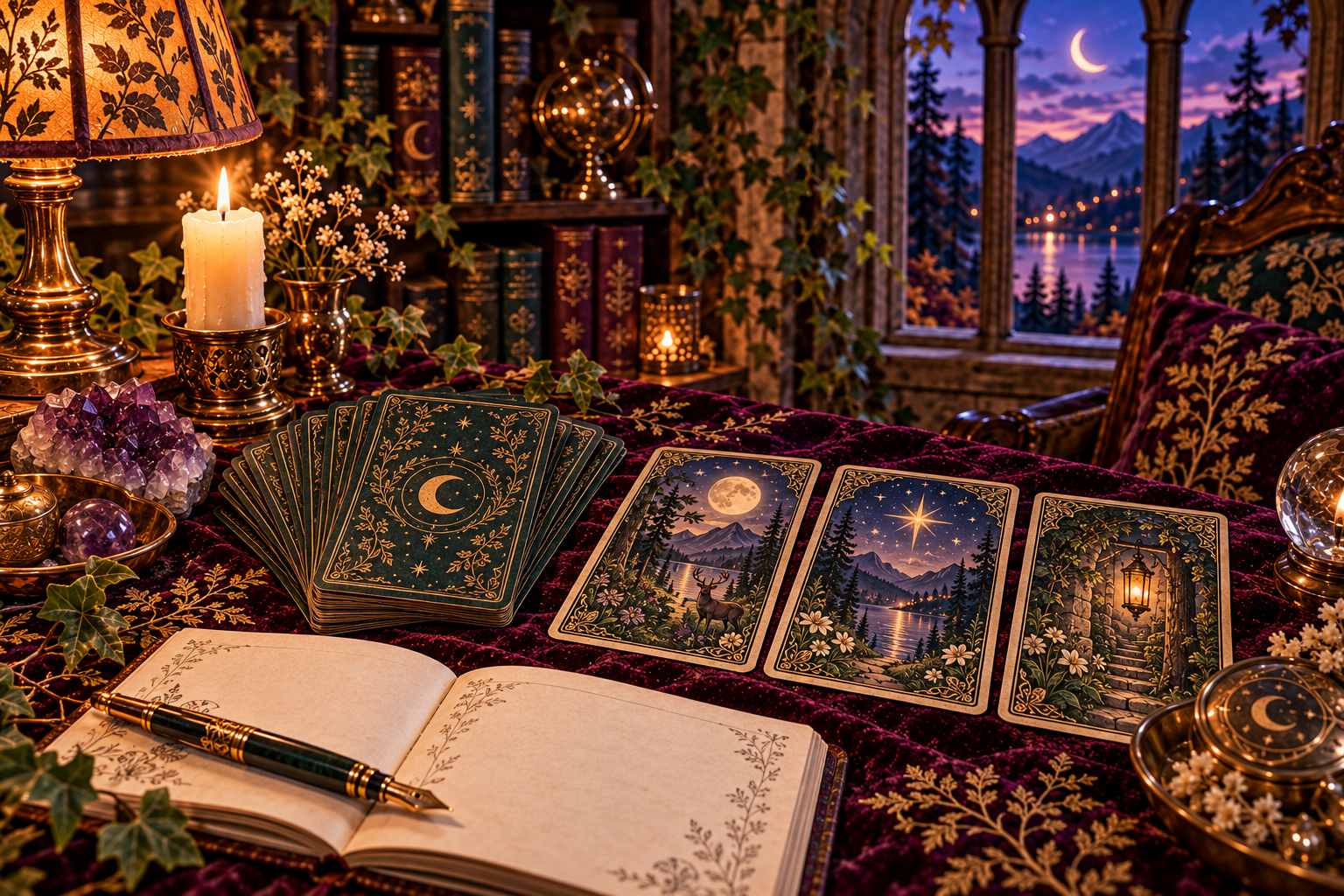 Three gold-edged illustrated cards on plum velvet beside a reading journal and a stacked deck.